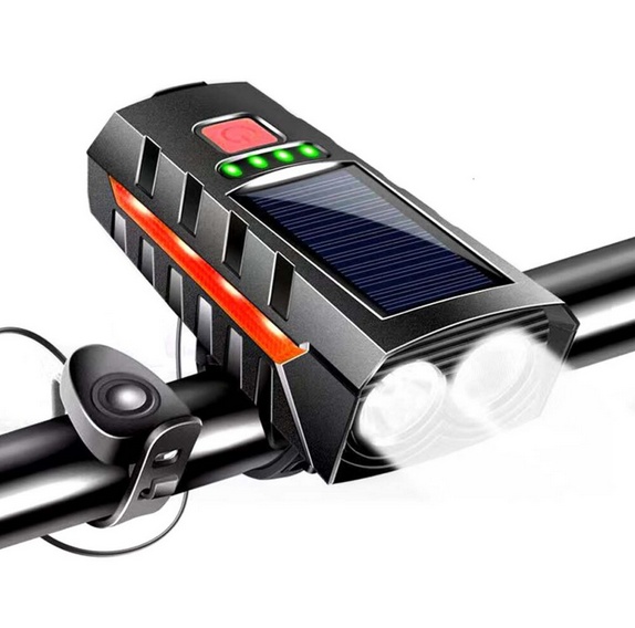 Nabíjateľné solárne LED svetlo na bicykel so zvončekom a zadným svetlom
